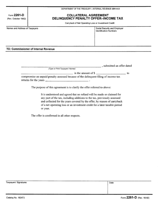 Form 2261 - D - Collateral Agreement Delinquency Penalty Offer - Income Tax October 1982 Printable pdf