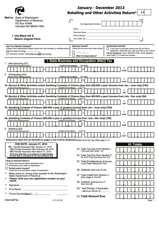 Retailing And Other Activities Return Form - Washington Department Of Revenue - 2013 Printable pdf