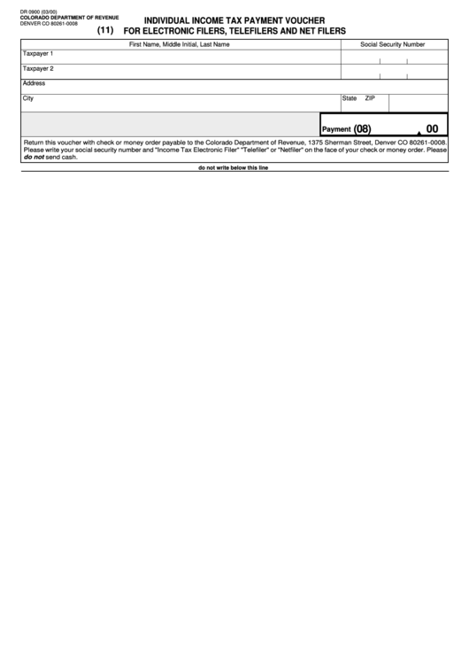 Fillable Form Dr 0900 - Individual Income Tax Payment Voucher For Electronic Filers, Telefilers And Net Filers March 2000 Printable pdf