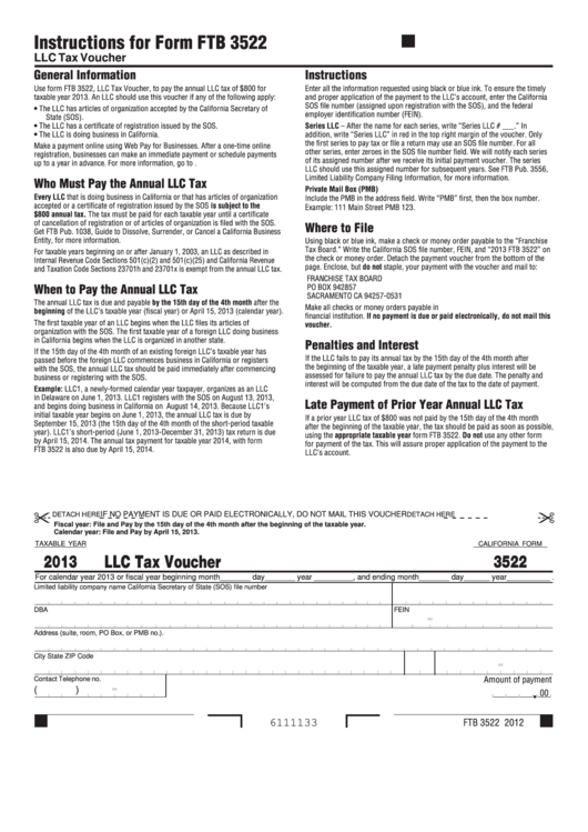 California Form 3522 - Llc Tax Voucher - 2013 Printable pdf