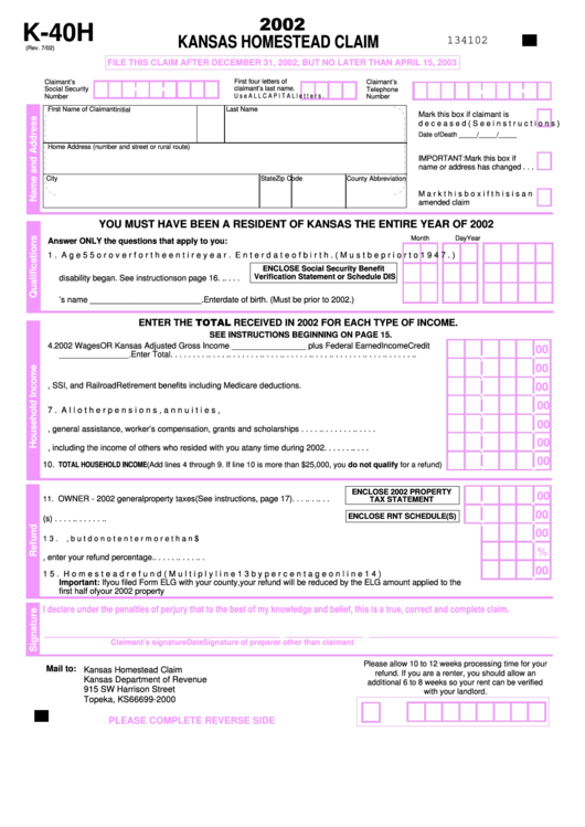Form K-40h - Kansas Homestead Claim - 2002 Printable pdf