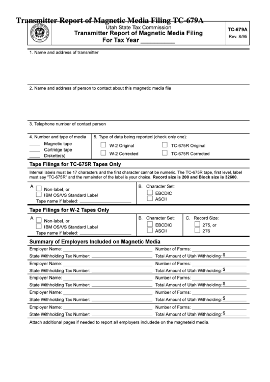 Fillable Form Tc-679a - Transmitter Report Of Magnetic Media Filing - Utah State Tax Comission Printable pdf