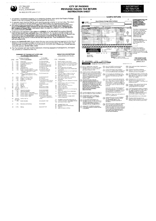 City Of Phoenix Privilege (Sales) Tax Return Instruction Sheet - City Treasurer - Arizona Printable pdf