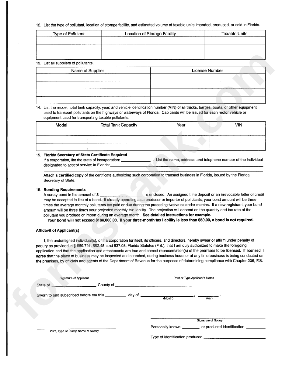 Form Dr-166 - Florida Pollutant Tax Application