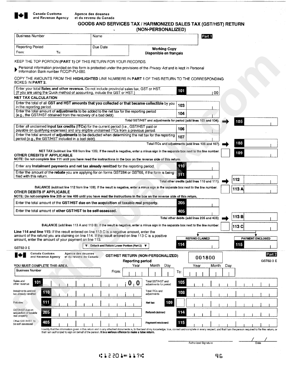 Goods And Services Tax/harmonized Sales Tax (Gst/hst) Return (Non-Personalized) Form - Canada Customs And Revenue Agency