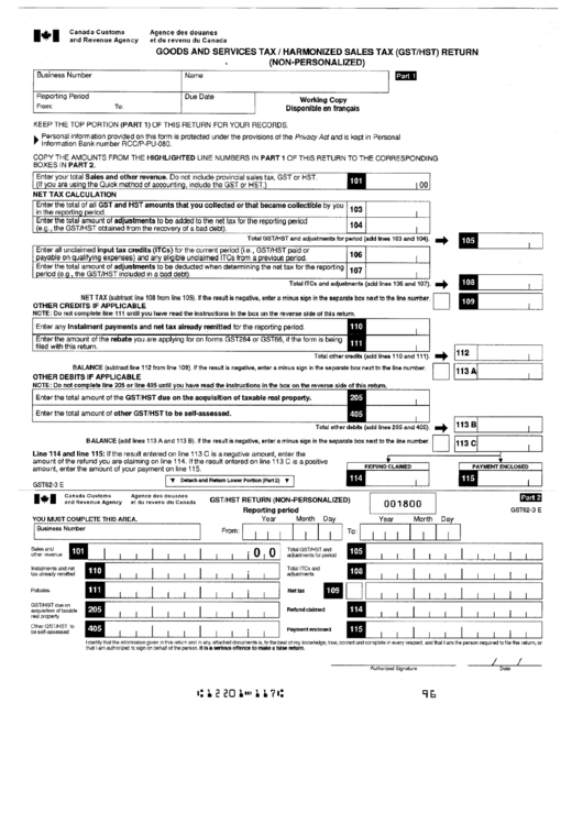 Goods And Services Tax/harmonized Sales Tax (Gst/hst) Return (Non-Personalized) Form - Canada Customs And Revenue Agency Printable pdf