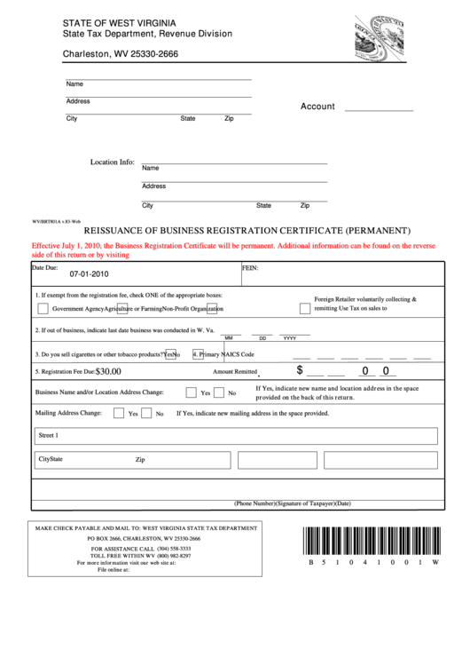 Form Wv/brt801a - Reissuance Of Business Registration Certificate (Permanent) - 2010 Printable pdf
