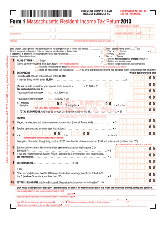 Form 1 Draft - Massachusetts Resident Income Tax Return - 2013 Printable pdf