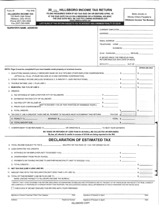 Form Ir - Income Tax Return - City Of Hillsboro Printable pdf