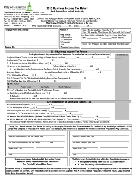 Business Income Tax Return Form - City Of Hamilton - 2015 Printable pdf