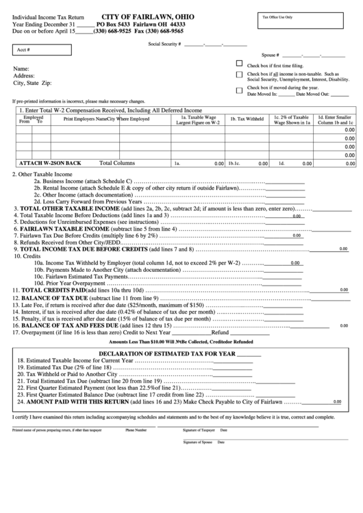 Fillable Individual Income Tax Return Form - City Of Fairlawn, Ohio Printable pdf