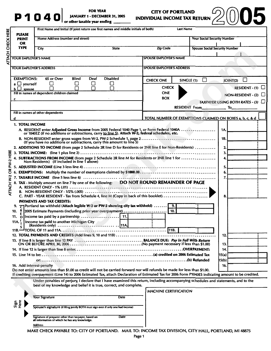 Form P1040 - City Of Portland Individual Income Tax Return - 2005