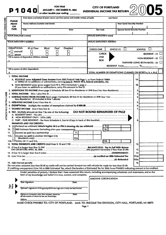 Form P1040 - City Of Portland Individual Income Tax Return - 2005 Printable pdf