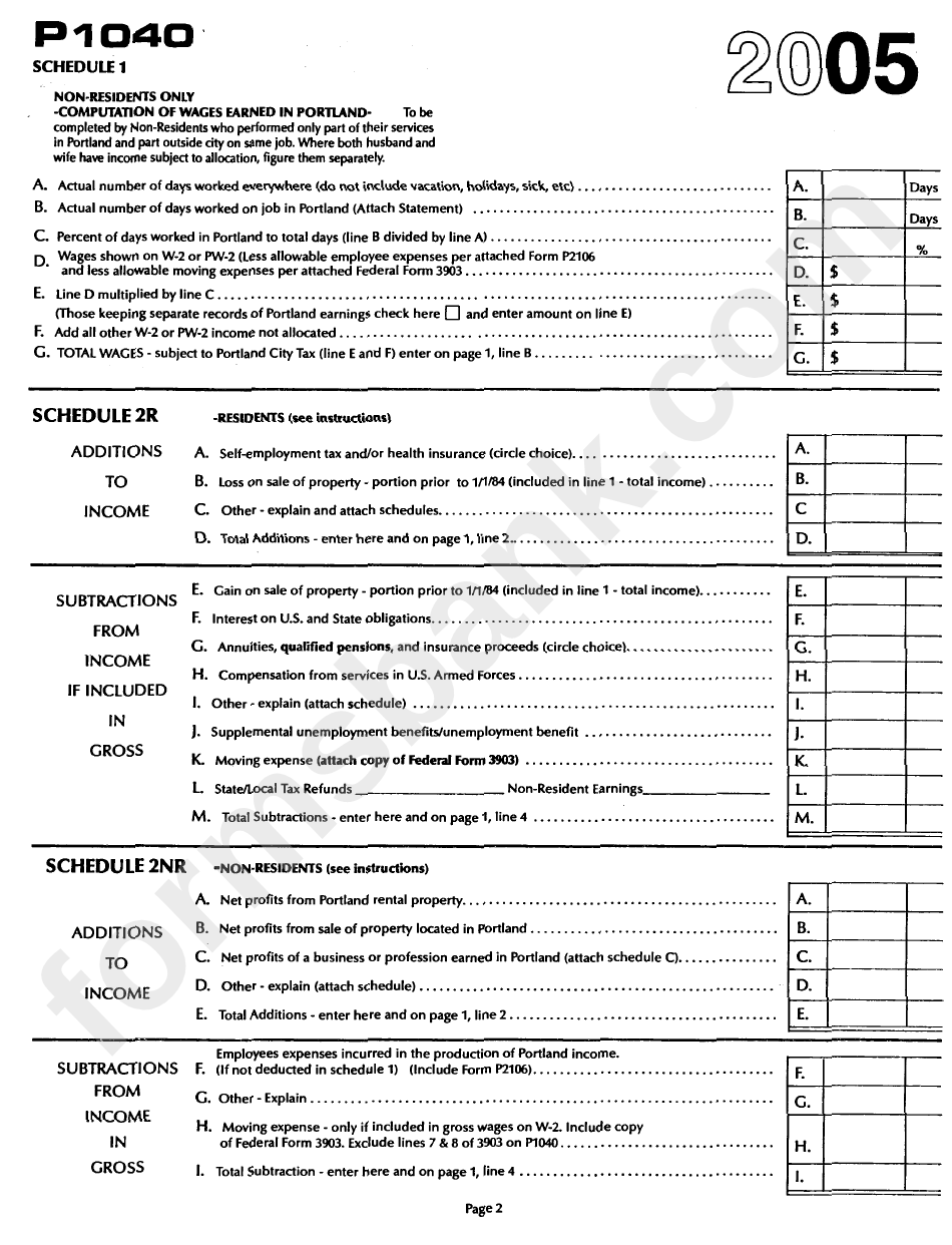 Form P1040 - City Of Portland Individual Income Tax Return - 2005