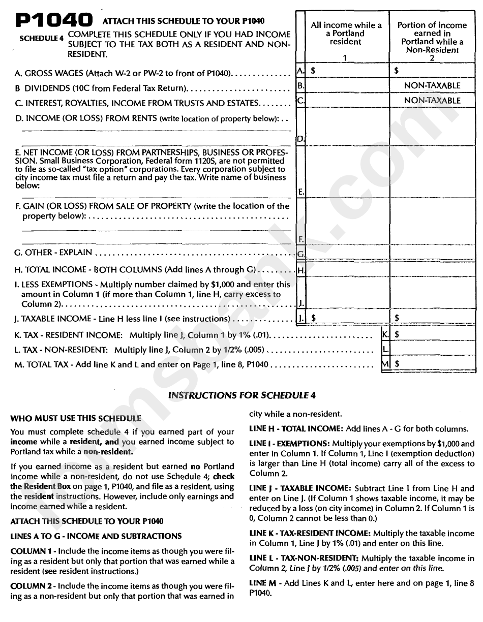 Form P1040 - City Of Portland Individual Income Tax Return - 2005