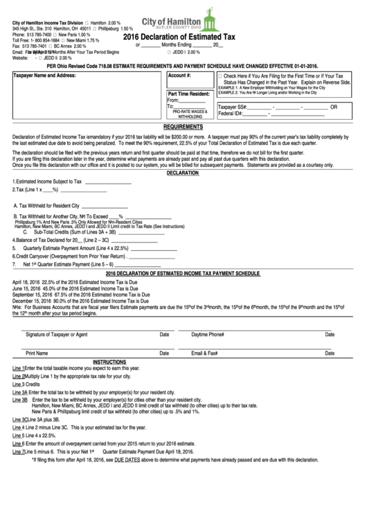 Declaration Of Estimated Tax City Of Hamilton 2016 printable pdf