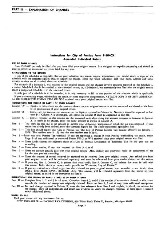 Inctruction For Form P-1040x - Ameded Individual Return - City Of Pontiac Printable pdf