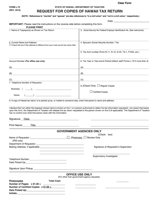 Fillable Form L-72 - Request For Copies Of Hawaii Tax Return - 2016 Printable pdf