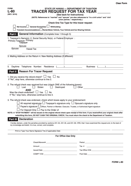 Fillable Form L-80 - Tracer Request - Hawaii Department Of Taxation - 2016 Printable pdf