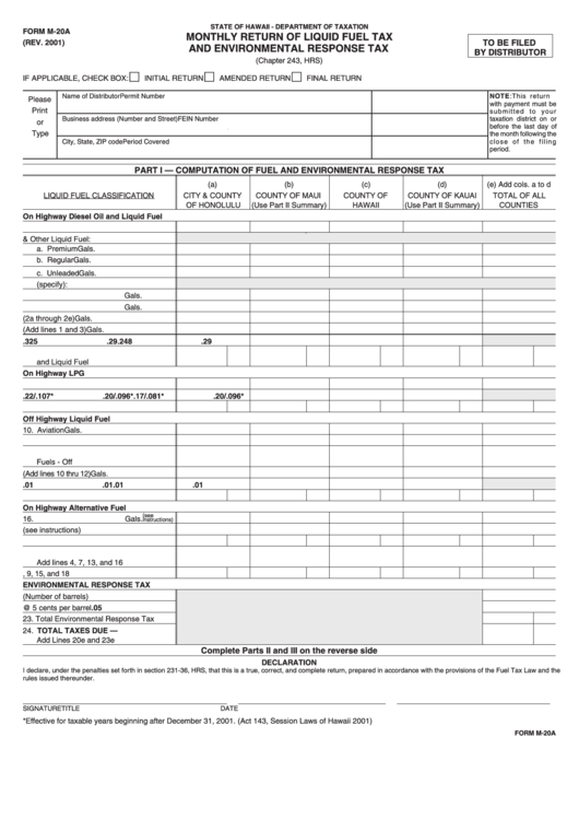 Form M-20a - Monthly Return Of Liquid Fuel Tax And Environmental Response Tax - Hawaii Department Of Taxation Printable pdf