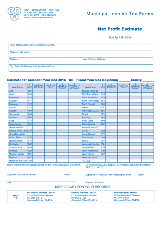 Net Profit Estimate Form - Cleveland, Ohio Division Of Taxation Printable pdf