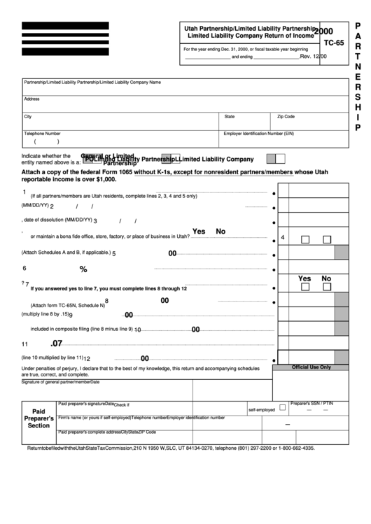 Form Tc-65 - Utah Partnership/limited Liability Partnership, Limited Liability Company Return Of Income - 2000 Printable pdf