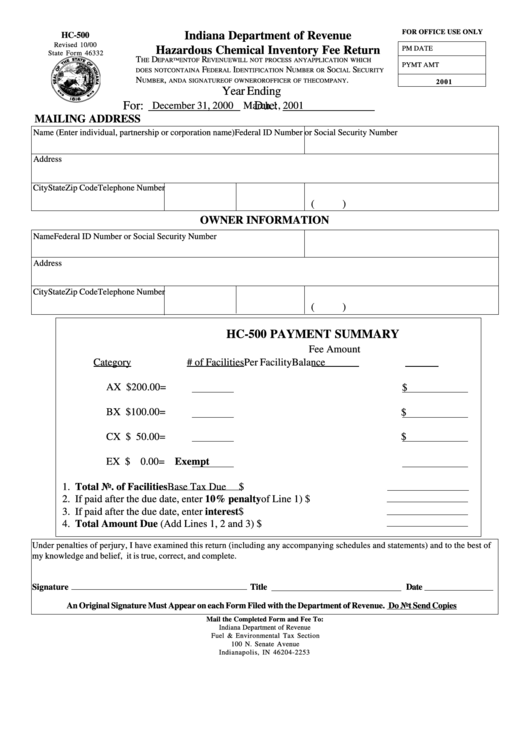 Form Hc-500 - Hazardous Chemical Inventory Fee Return Form - Indiana Department Of Revenue Printable pdf