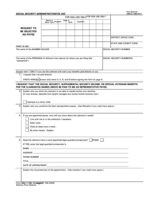 Form Ssa-11-Bk - Request To Be Selected As Payee - 2009 Printable pdf
