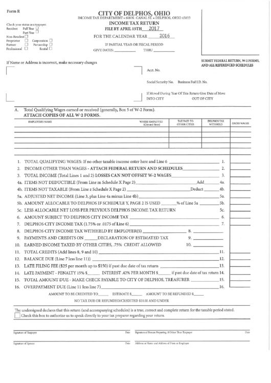 Form R - Income Tax Return - City Of Delphos, Ohio Income Tax ...