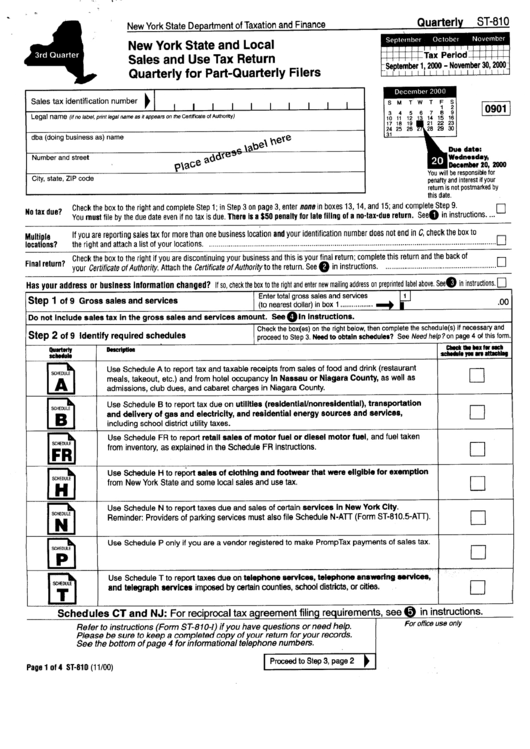 Form St-810 - New York State And Local Sales And Use Tax Return - Quaterly For Part-Qarterly Filers Printable pdf