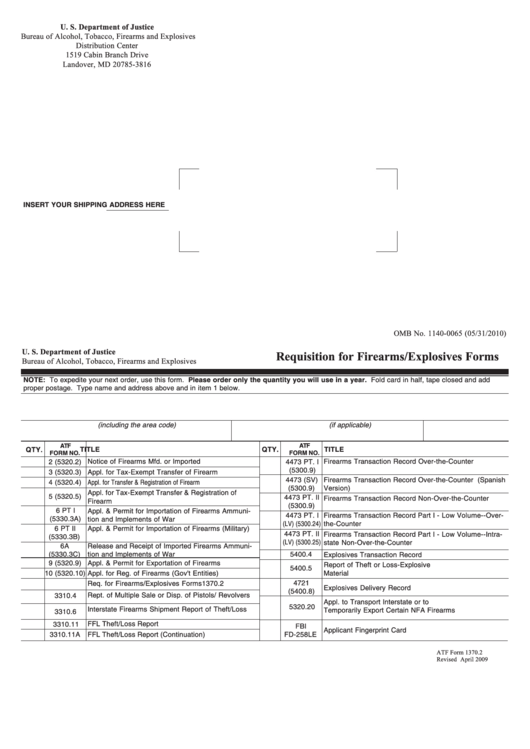 Atf Form 1370.2 - Requisition For Firearms/explosives Forms - 2009 Printable pdf
