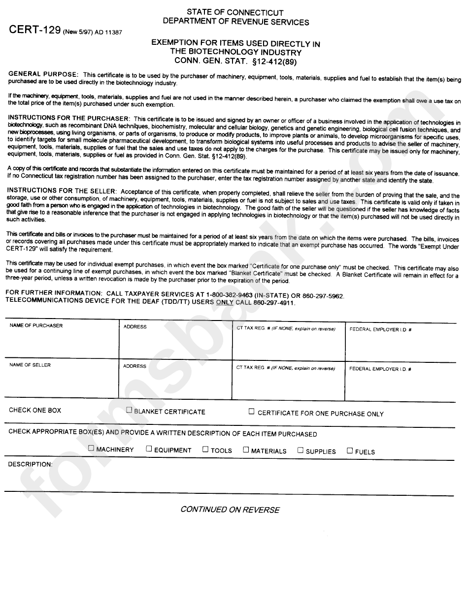 Form Cert-129 - Exemption For Items Used Directly In The Biotechnology Industry - Connecticut Department Of Revenue - 1997