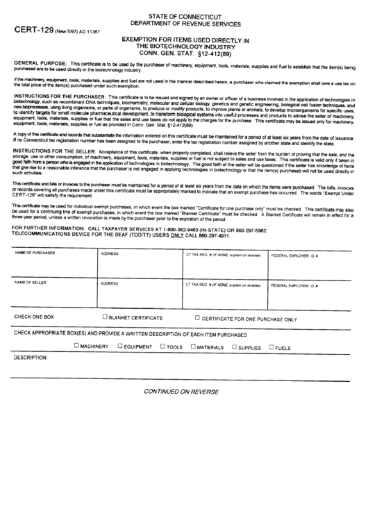 Form Cert-129 - Exemption For Items Used Directly In The Biotechnology Sns-Brigh10