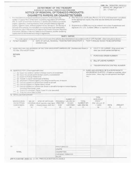 Form Aft F 2149/2150 - Notice Of Removal Of Tobacco Products - Cigarette Papers Or Cigaretter Tubes Printable pdf