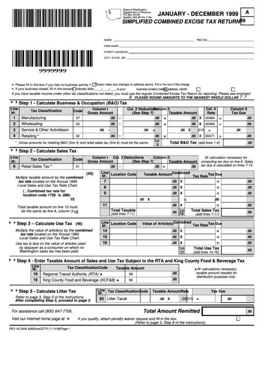 Form A99 - Simplified Combined Excise Tax Return - 1999 Printable pdf