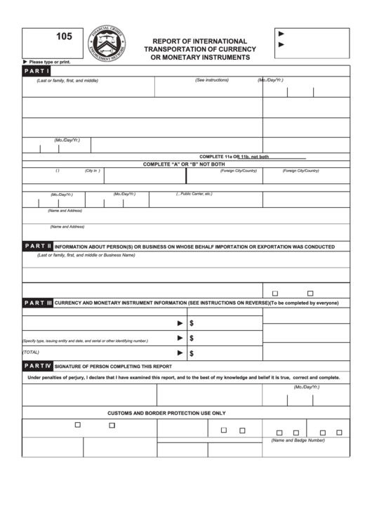 Fincen Form 105 - Report Of International Transportation Of Currency Or Monetary Instruments - 2011 Printable pdf