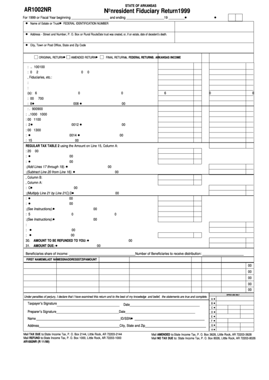 Form Ar1002nr - Nonresident Fiduciary Return Printable pdf