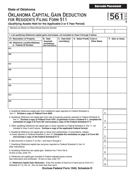 Form 561 - Oklahoma Capital Gain Deduction For Residents - 2009 Printable pdf