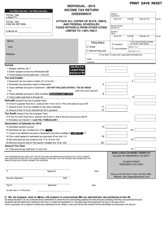Fillable Individual Income Tax Return - Cillage Of Greenwich, 2015 Printable pdf