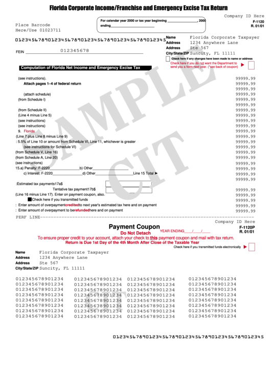 Form F-1120 - Florida Corporate Income/franchise And Emergency Excise Tax Return Printable pdf