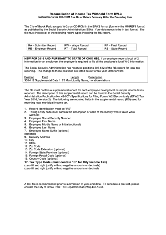 Reconciliation Of Income Tax Withheld Form Bw-3 Instructions - City Of Brook Park Ohio Printable pdf