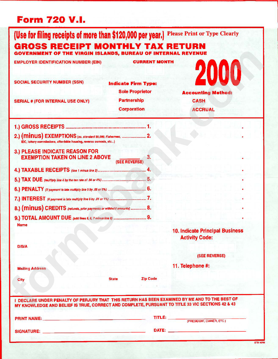 Form 720 - Gross Receipt Monthly Tax Return - 2000