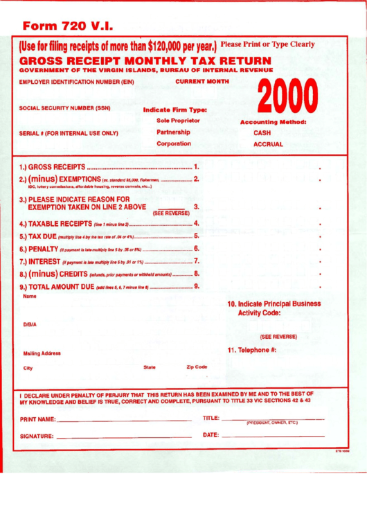 Form 720 - Gross Receipt Monthly Tax Return - 2000 Printable pdf