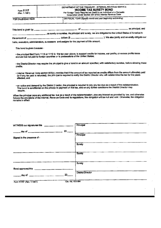 Form 1117 - Income Tax Surety Bond - Internal Revenue Service - 1981 Printable pdf