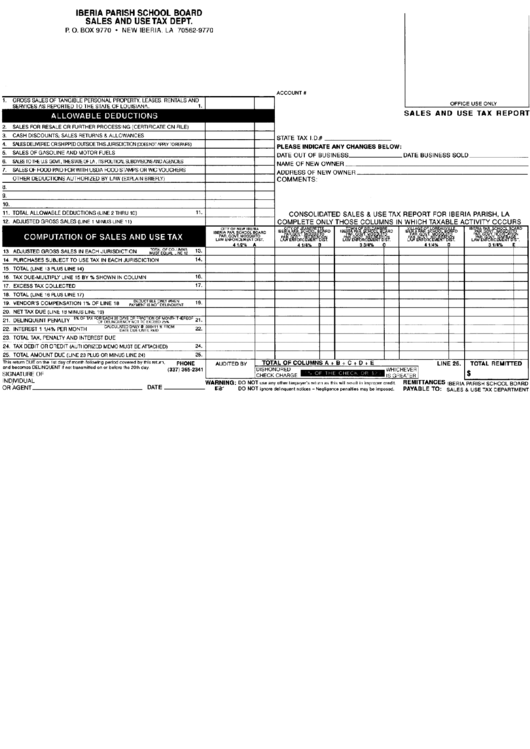 Sales And Use Tax Report - Iberia Parish School Board Sales And Use Tax Dept Printable pdf