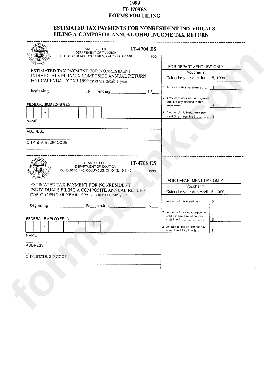 Form It-4708es - Estimated Tax Payments For Nonresident Individuals Filing A Composite Annual Ohio Tax Return - 1999