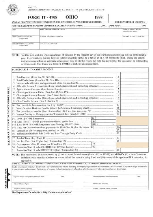 Fillable Form It-4708 - Annual Composite Income Tax Return For Investors In Pass-Through Entities - Ohio - 1998 Printable pdf