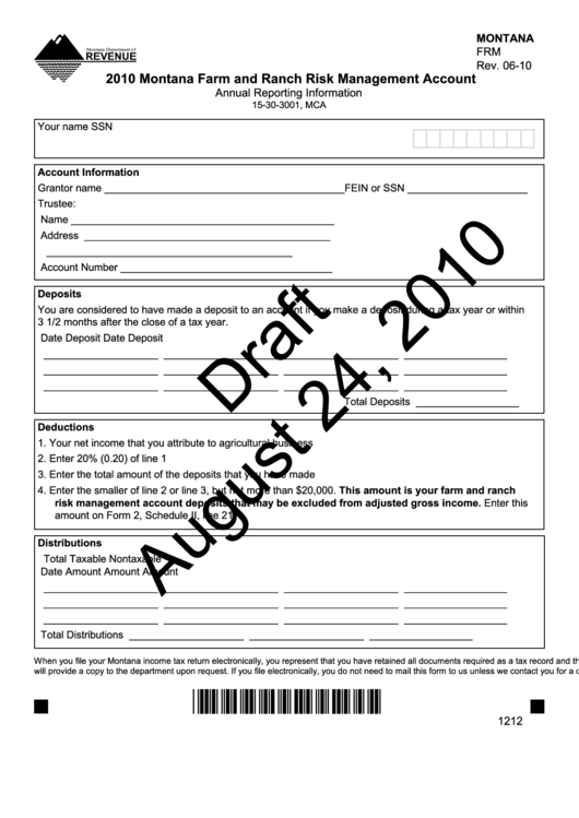 Montana Form Frm Draft - 2010 Montana Farm And Ranch Risk Management Account Printable pdf