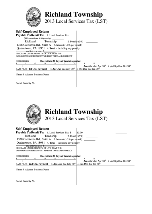 Local Services Tax (Lst) Form - Richland Township - 2013 Printable pdf