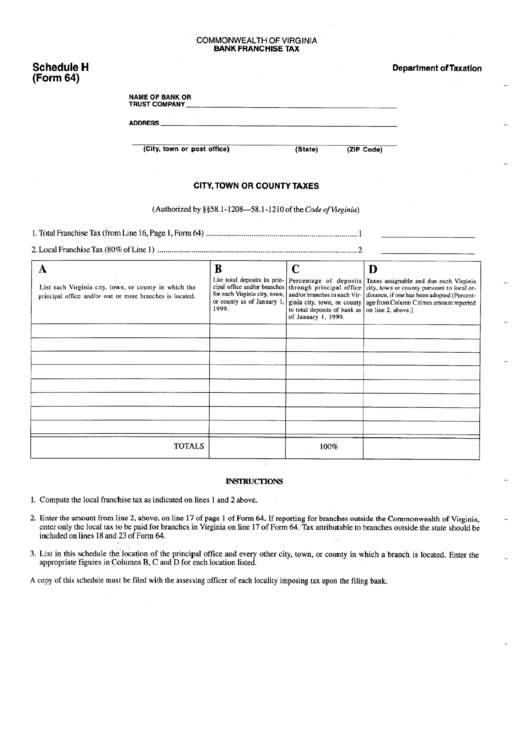 Form 64 - Bank Franchise Tax - Virginia Department Of Taxation Printable pdf